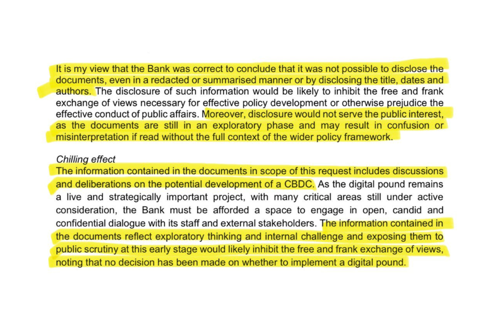 The Bank of England has upheld its refusal to release documents on the links between Central Bank Digital Currency (CBDC) and digital ID systems