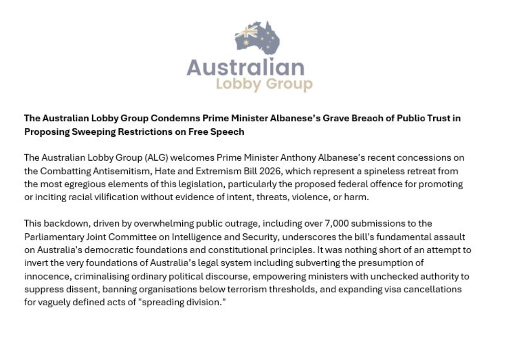 The Australian Lobby Group condemns Prime Minister Albanese’s grave breach of public trust in proposing sweeping restrictions on Free Speech