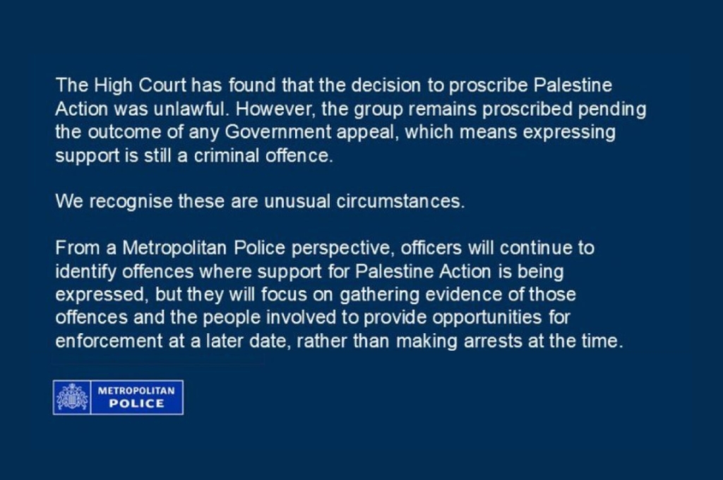 Met Police Say They Will No Longer Enforce Ban on Palestine Action