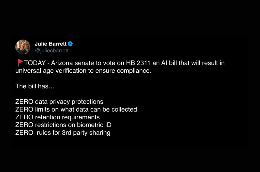 Arizona Senate to vote on HB 2311, an AI bill that will result in universal age verification to ensure compliance