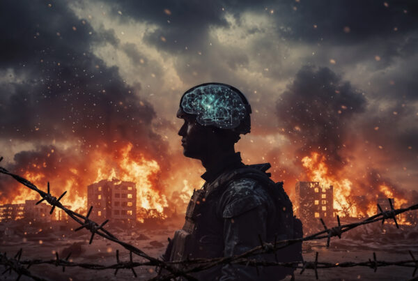 soldier in front of burning city with computer brain