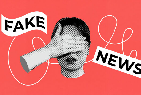 hand covering eyes on a face, words 'fake news' floating